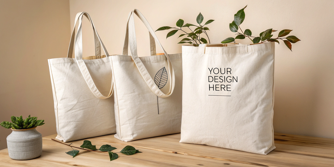 Three 14x16 inch natural beige canvas tote bags displayed on a wooden surface, featuring minimalist custom designs and long handles, ideal for eco-friendly branding.