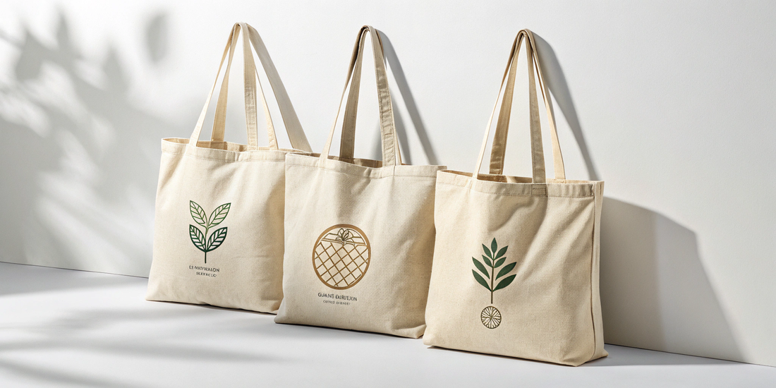 Three printed natural cotton tote bags (14x16 inches) with minimalist eco-friendly designs lined up against a white wall.