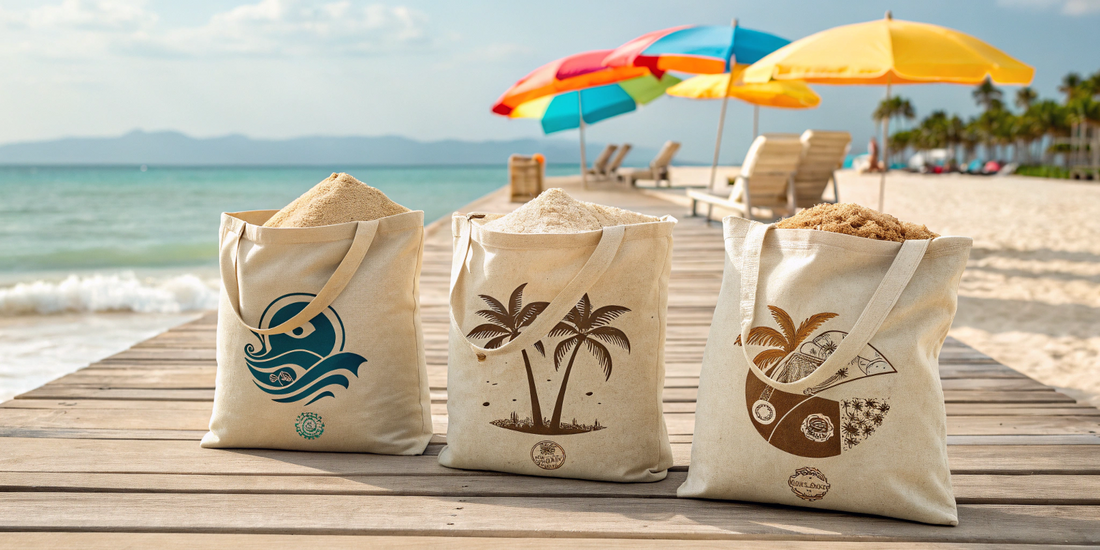 Custom canvas beach bag with logo printing, perfect for summer vacations and beach outings