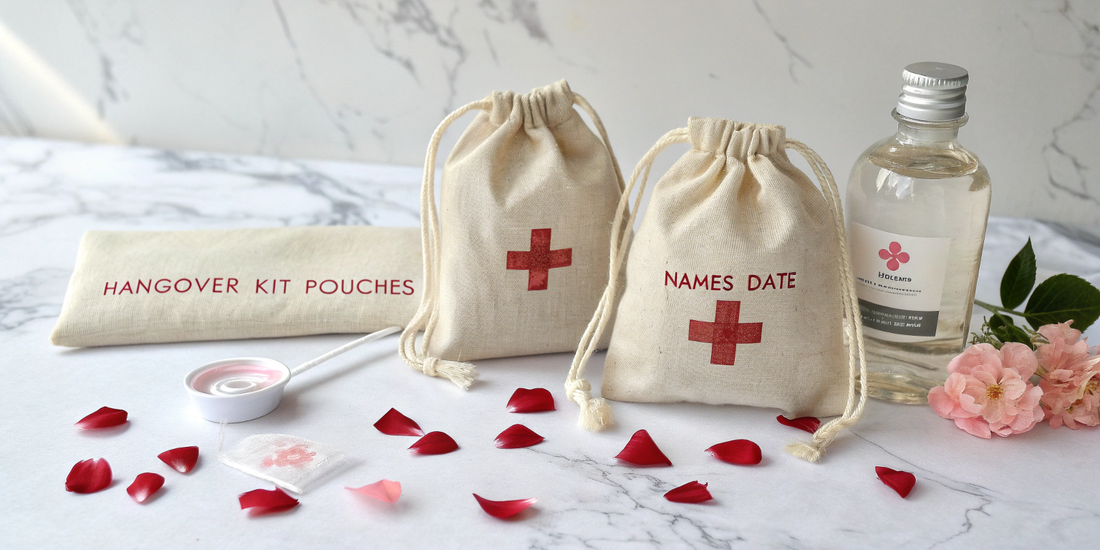 Beige drawstring bags with recovery items