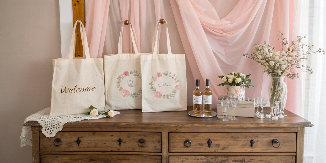Wedding welcome bags in cotton canvas with monogram design, filled with mini gifts and cards, arranged on a vintage table