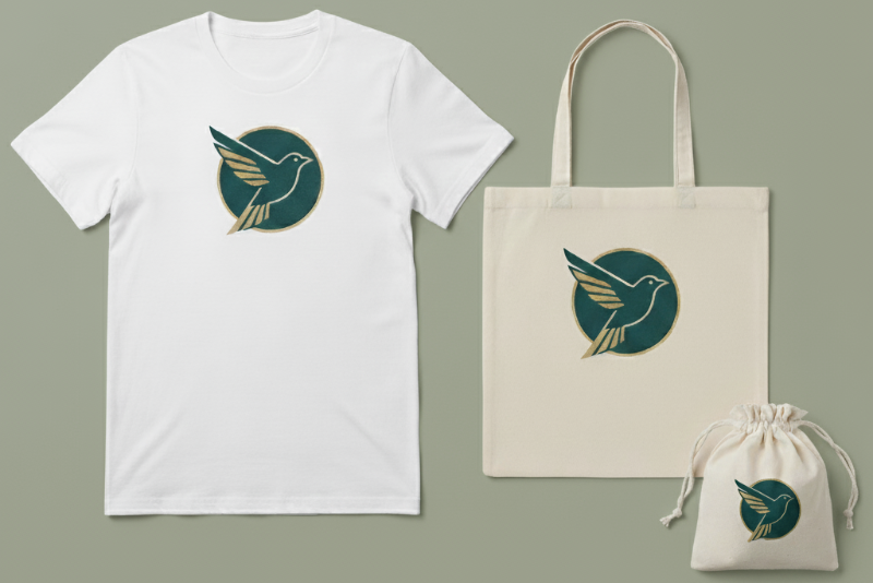 White t-shirt, beige tote bag, and small drawstring bag with a green and gold bird logo on a gray background.