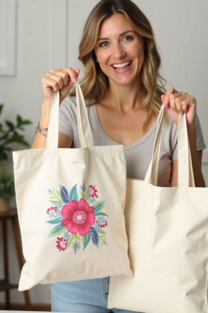 Woman holding two tote bags with floral designs in a home setting