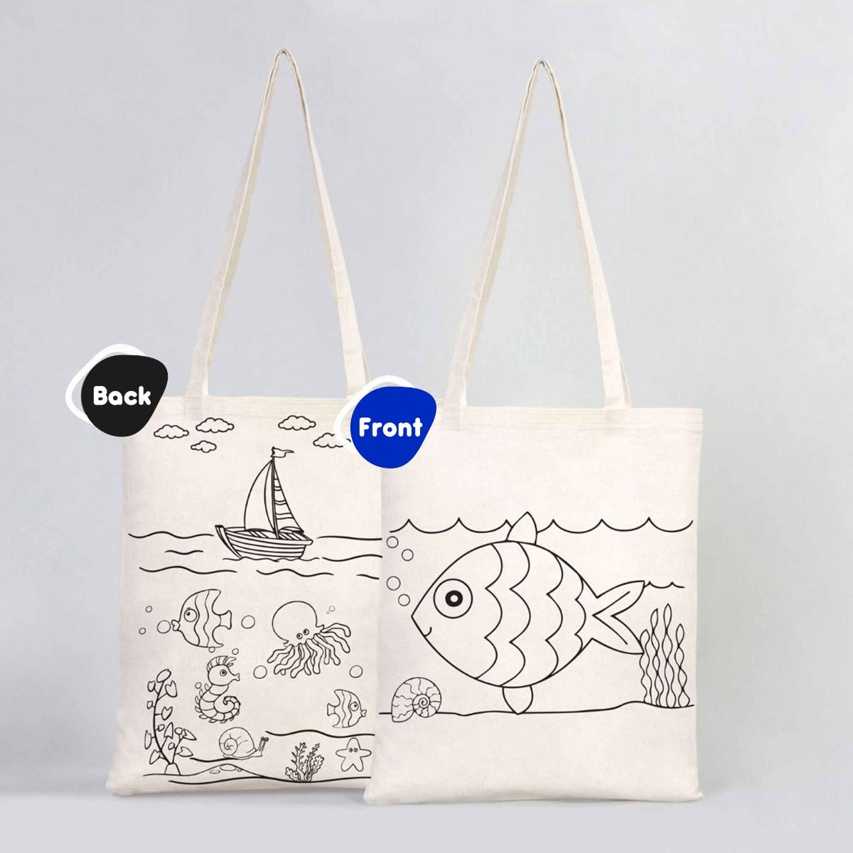 Bammerz Paintable Cotton Bag 14"W x 16"H (35 cm x 40 cm) - Fish & Boat - NO PENCİL İNCLUDED