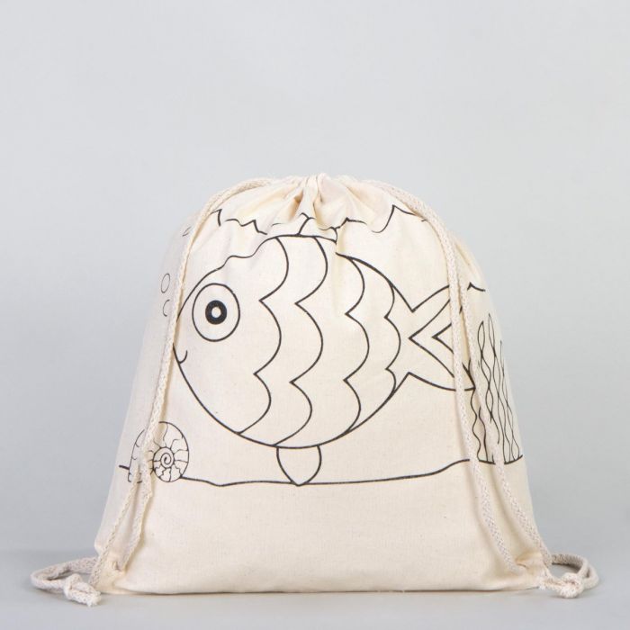Dyeable Fish & Boat Printed Drawstring Tote Bag 14" W x 16" H (35x 40 cm) - Felt-tip Pen