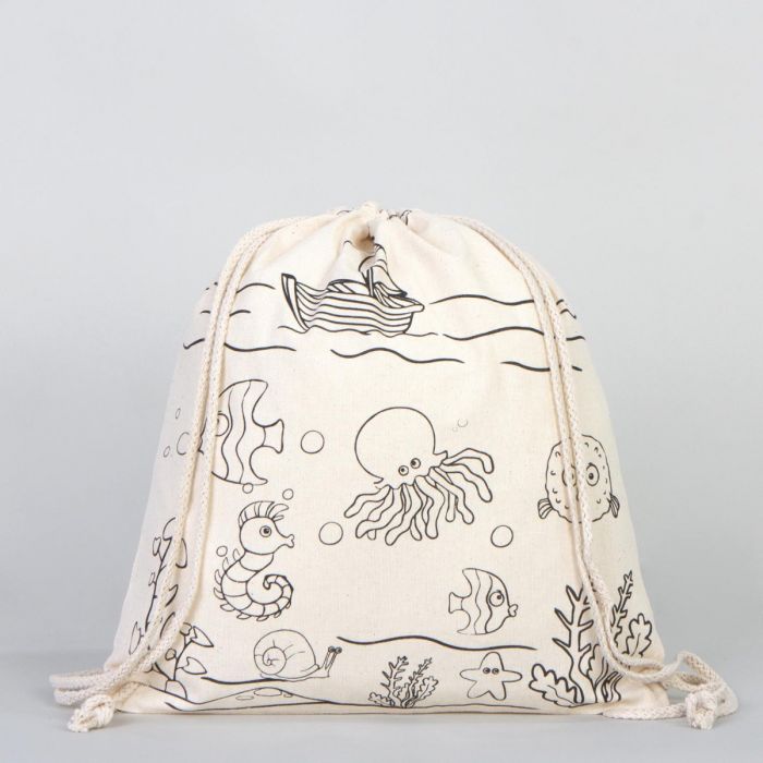 Dyeable Fish & Boat Printed Drawstring Tote Bag 14" W x 16" H (35x 40 cm) - Felt-tip Pen