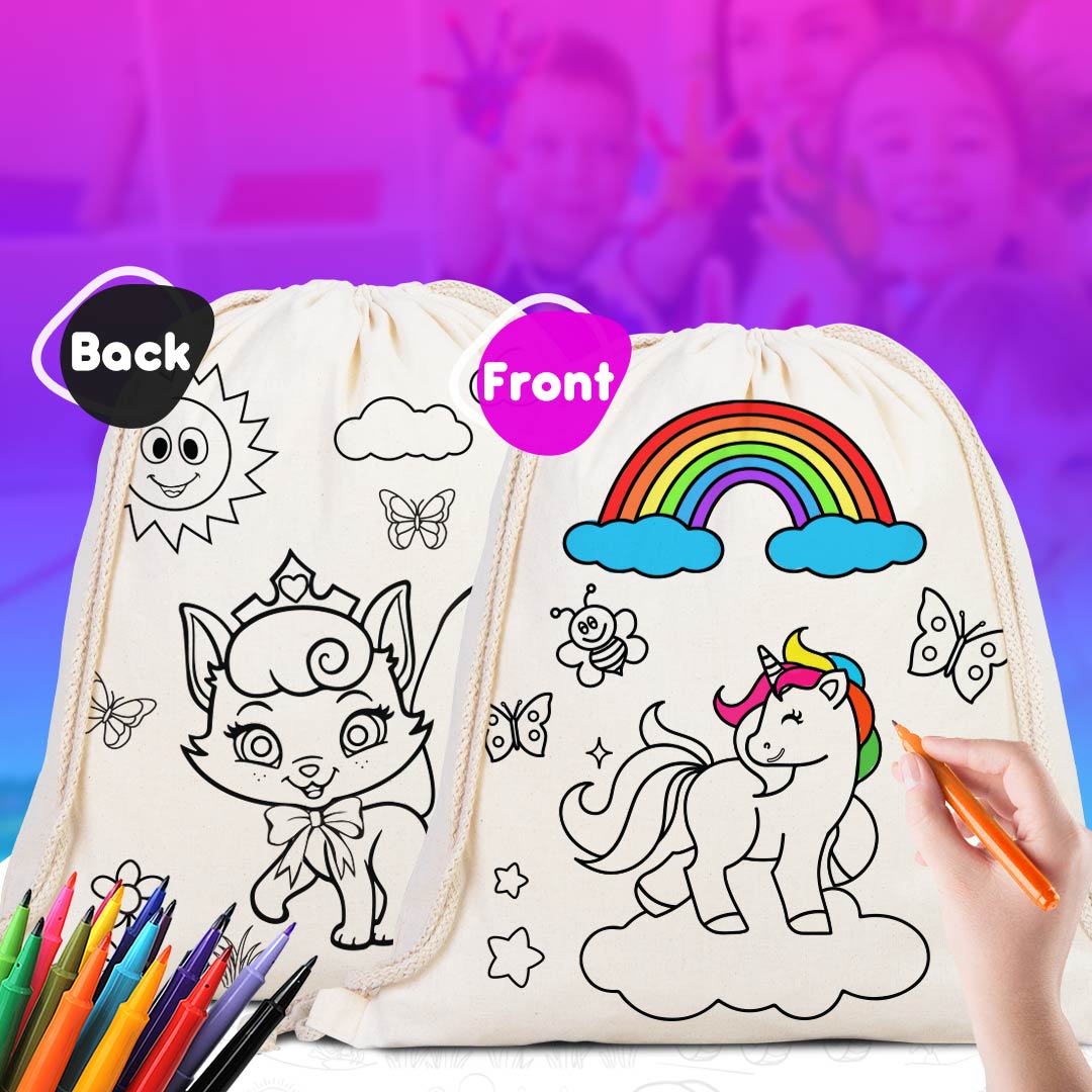 Drawstring Backpack Unicorn and Cat Coloring Bags for Kids - 14" W x 16" H (35x40 cm)