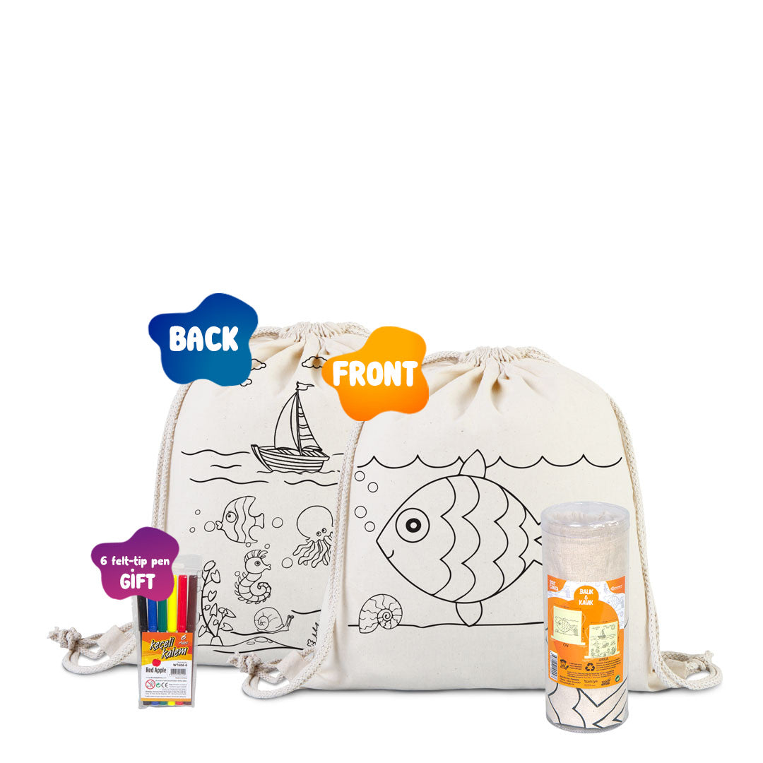 Dyeable Fish & Boat Printed Drawstring Tote Bag 14" W x 16" H (35x 40 cm) - Felt-tip Pen
