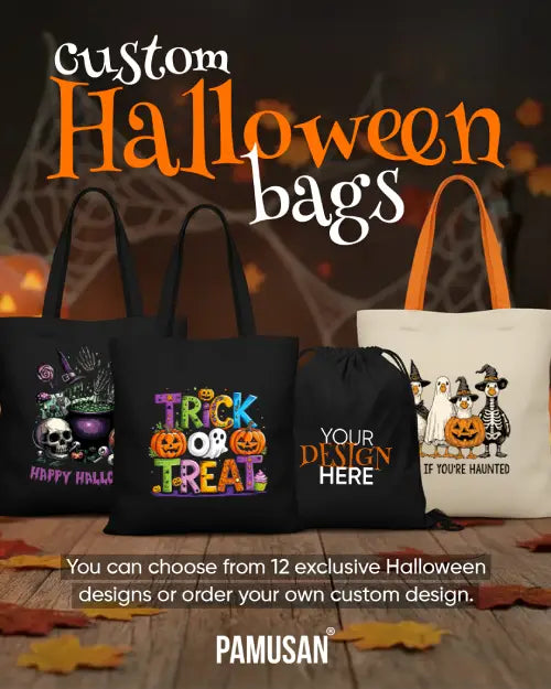 Collection of Halloween bags with customizable options on a wooden surface.