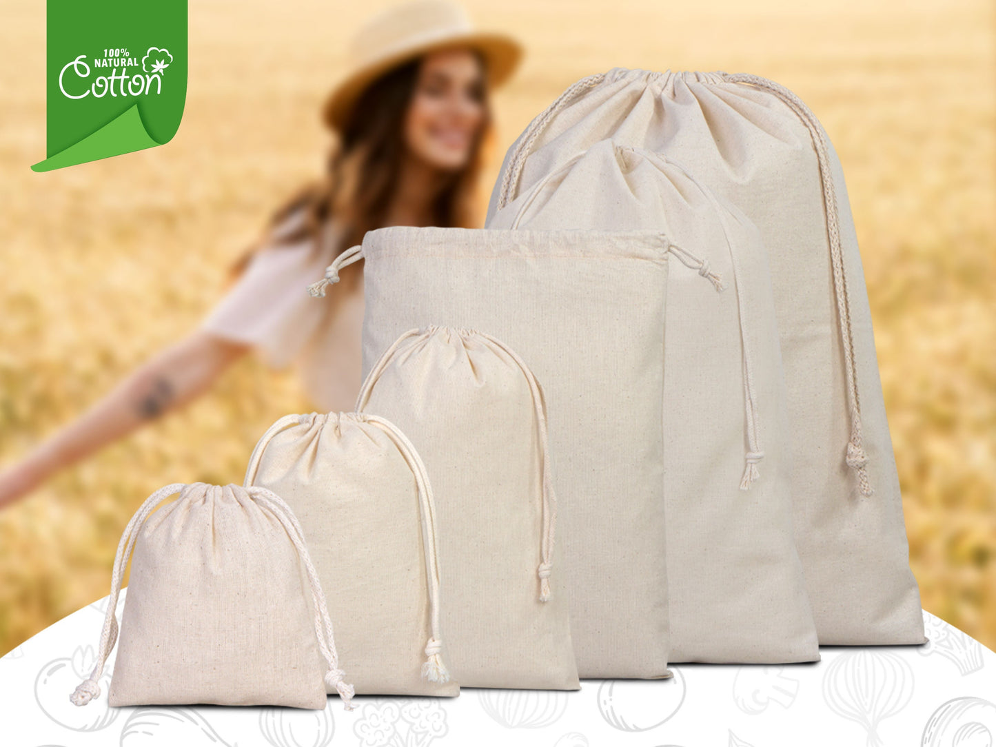 Custom Muslin Bags - 4"W x 5"H (10 x 13 cm) Organic Cotton Favor Bags - Wedding Favor Drawstring Bags - Jewelry - Gift - Produce - Packing Bags