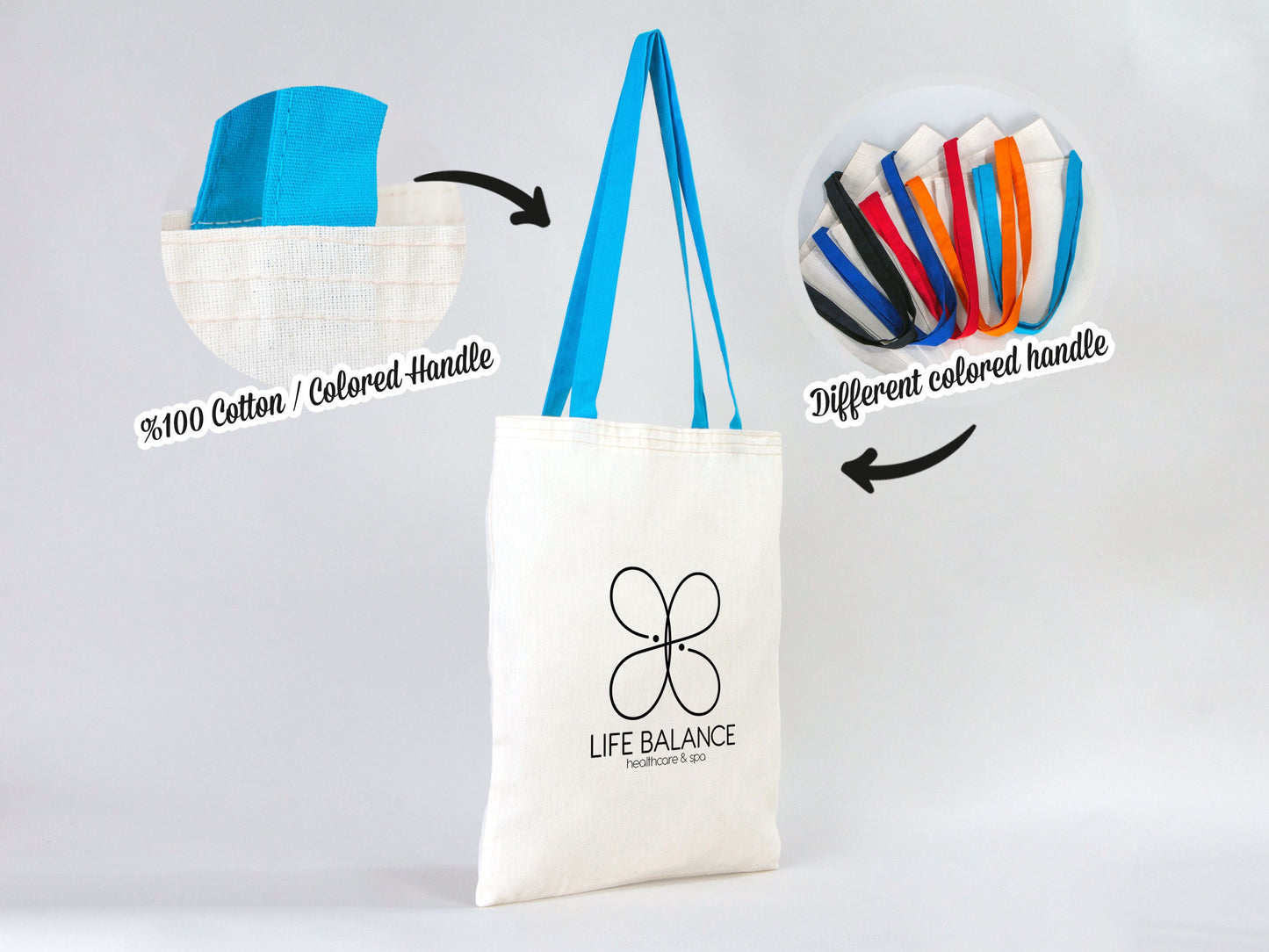 Custom Tote Bag with Turquoise Handle - 14"W x 16"H (35 cm x 40 cm) - Wholesale Tote Bags with Your Logo - 100% Cotton Organic Tote Bags