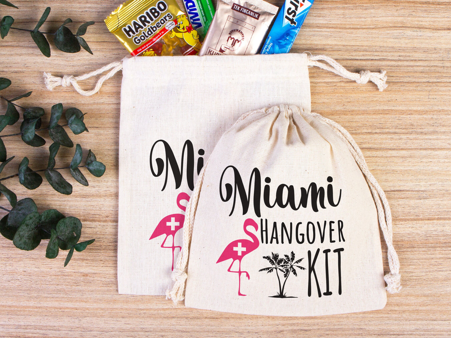 Miami Hangover Kit Bags, Survival Kit Bags Wedding Recovery Kit Party Bachelorette Birthday Party, Organic Cotton Drawstring Pouchs Bag