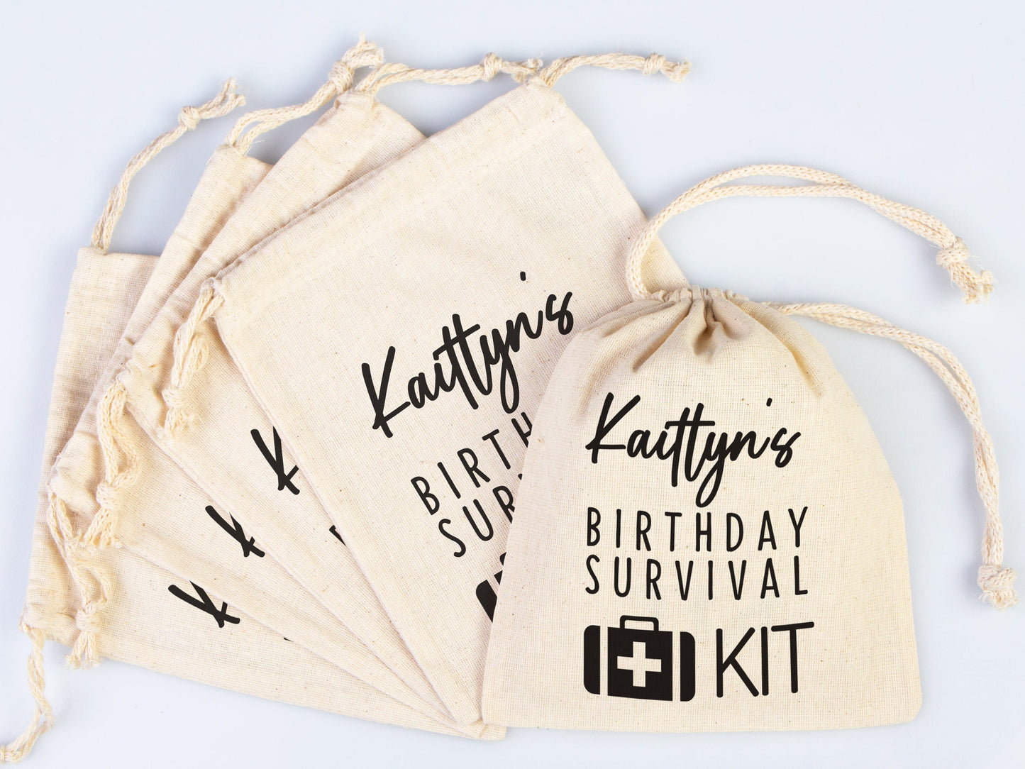 Birthday Party Pouch Bags - Recovery Kit Party Bachelorette Custom Name Print, Organic Cotton Drawstring Pouchs Bag