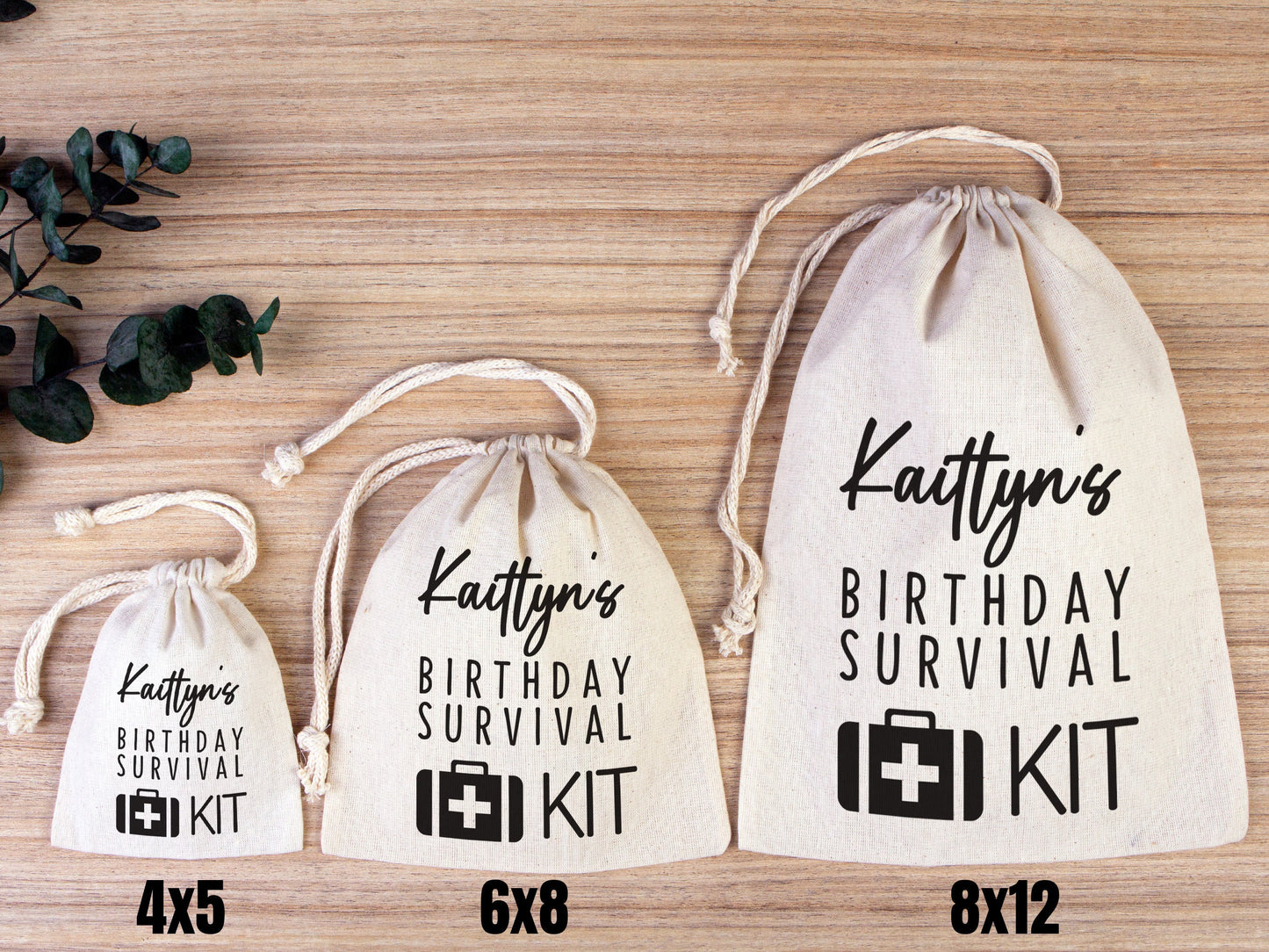 Birthday Party Pouch Bags - Recovery Kit Party Bachelorette Custom Name Print, Organic Cotton Drawstring Pouchs Bag