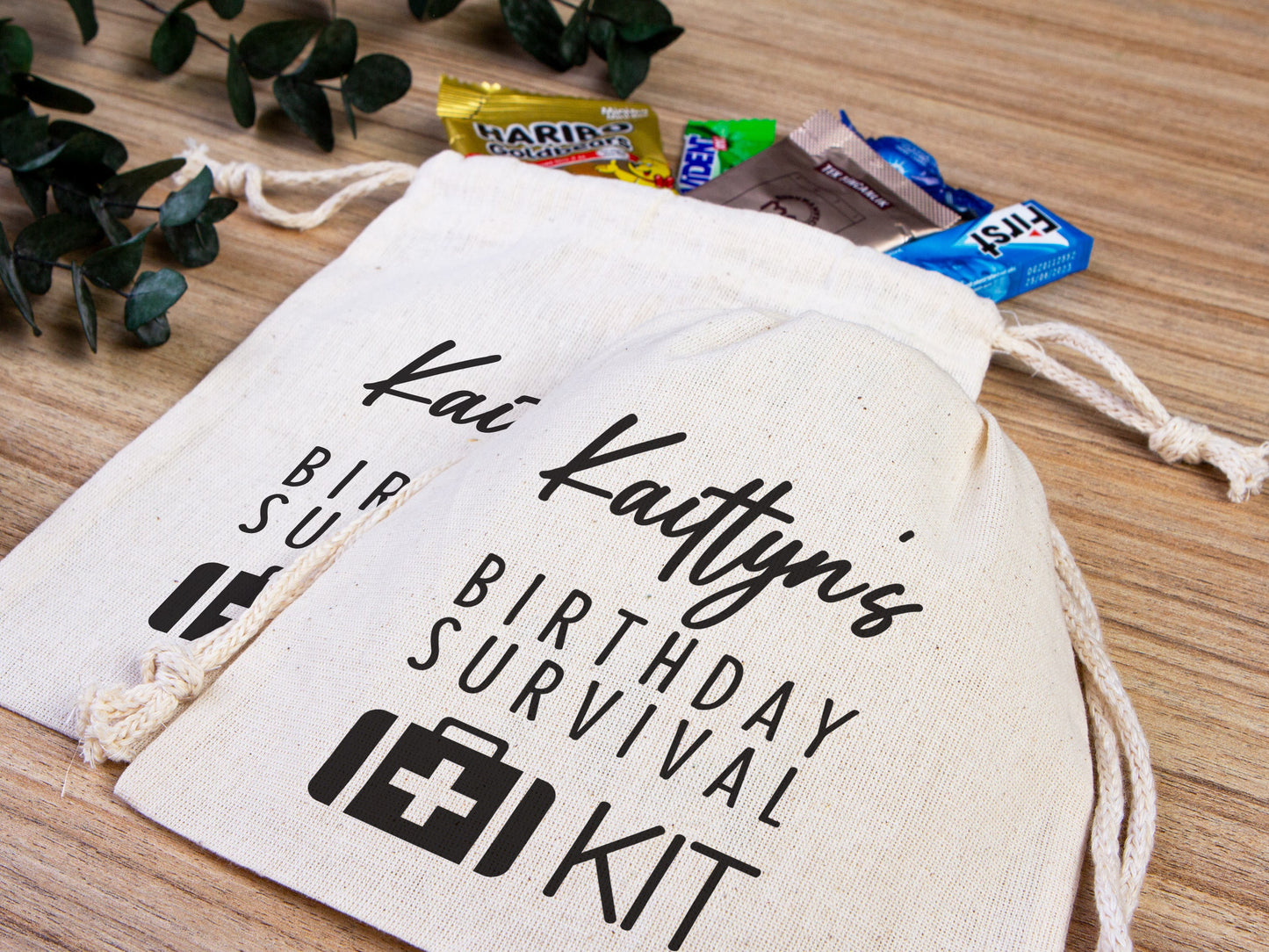 Birthday Party Pouch Bags - Recovery Kit Party Bachelorette Custom Name Print, Organic Cotton Drawstring Pouchs Bag