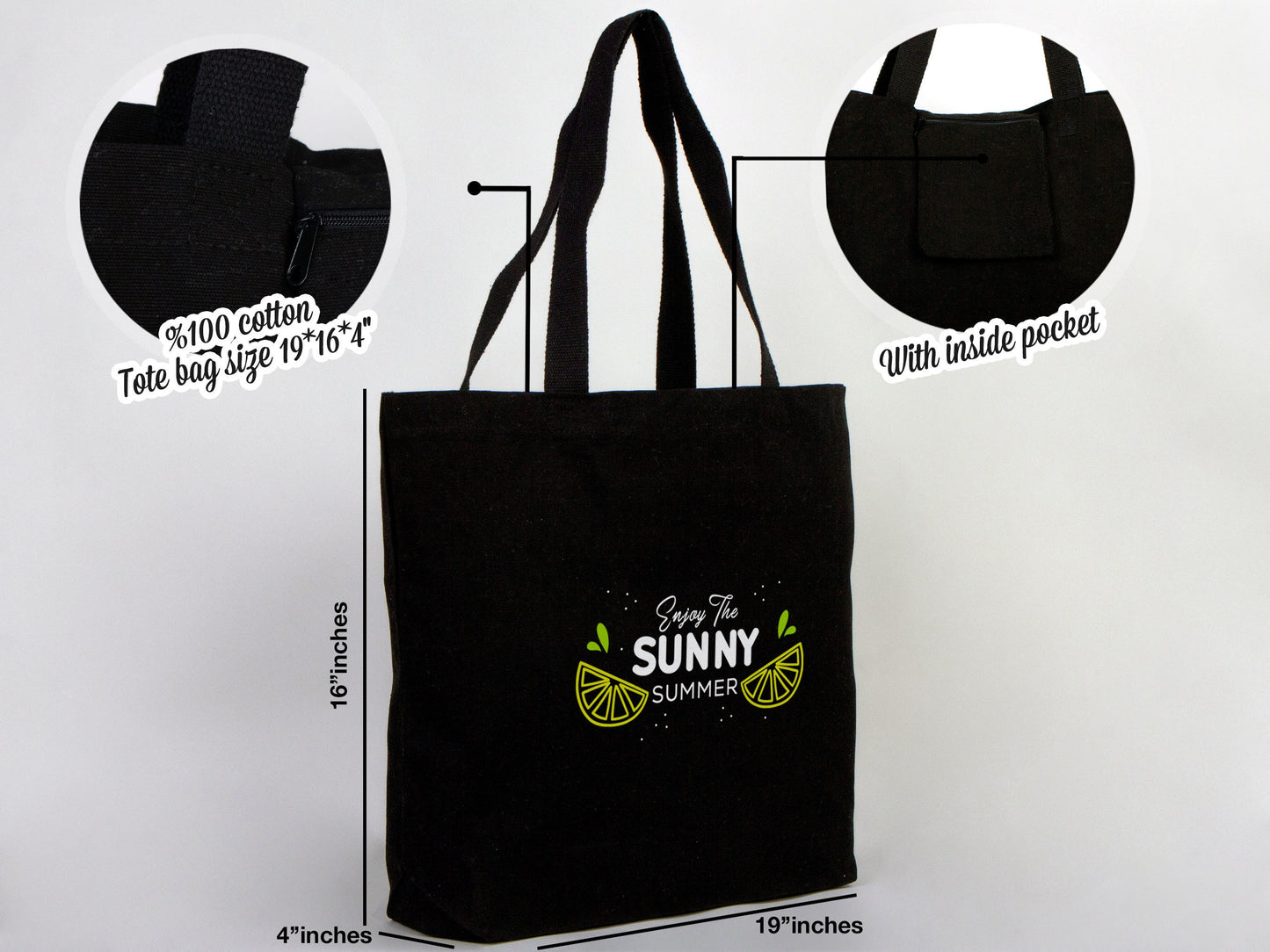 Black Custom Canvas Bag, 19"W x 16"H x 4"L (48 cm x 41 cm x 10 cm), Personalized Cotton Bags, Promotional Bags, Beach Bags