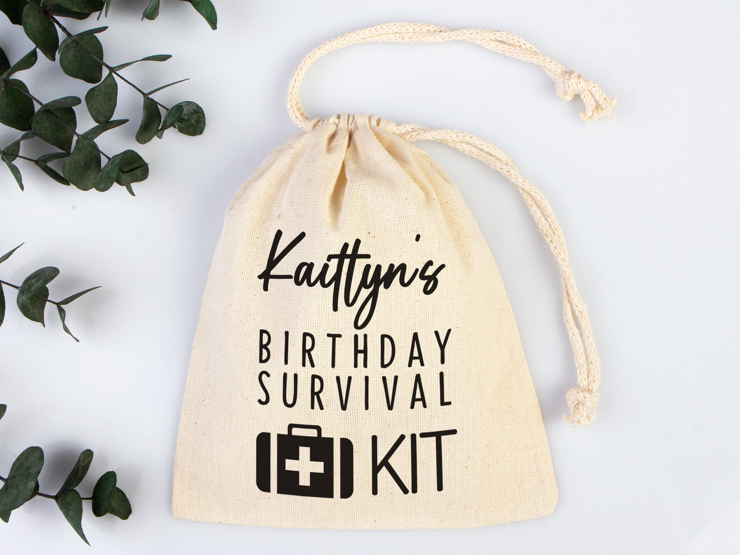 Birthday Party Pouch Bags - Recovery Kit Party Bachelorette Custom Name Print, Organic Cotton Drawstring Pouchs Bag