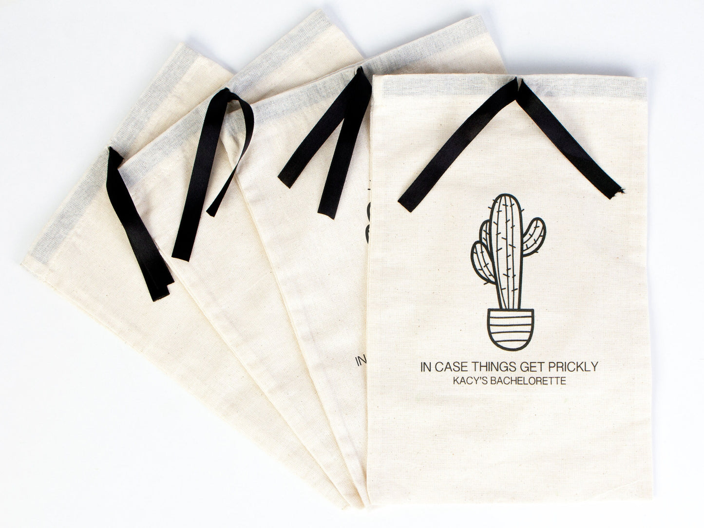 Bachelorette Birthday Party - Cotton Fabric Hangover bags with Black Ribbon - Wedding Recovery Kit