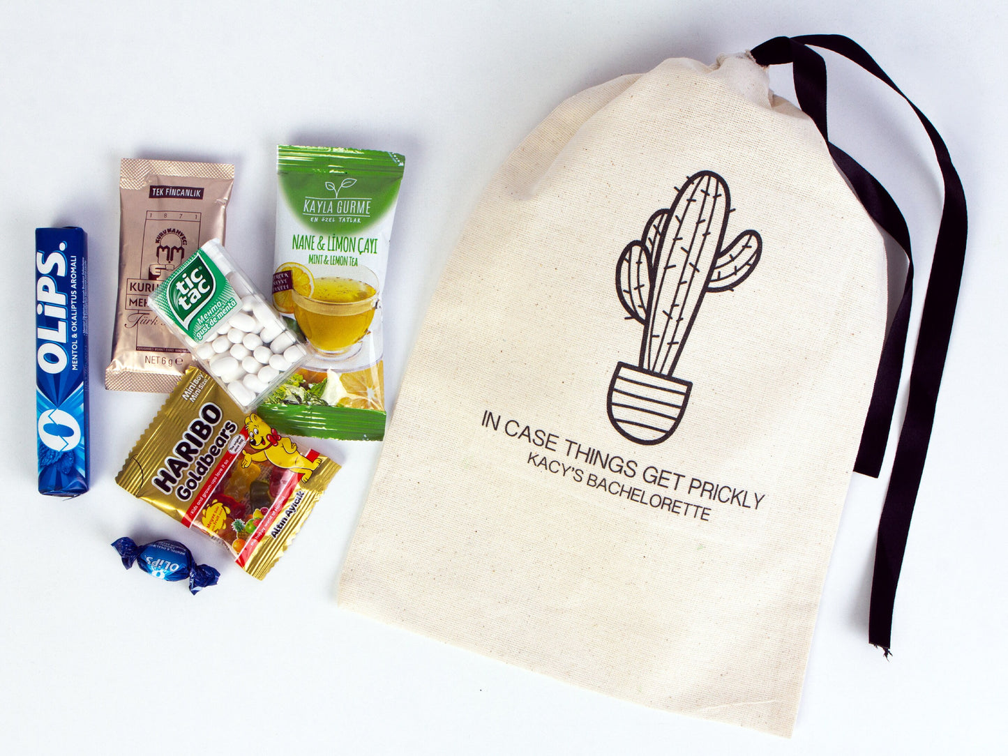 Bachelorette Birthday Party - Cotton Fabric Hangover bags with Black Ribbon - Wedding Recovery Kit
