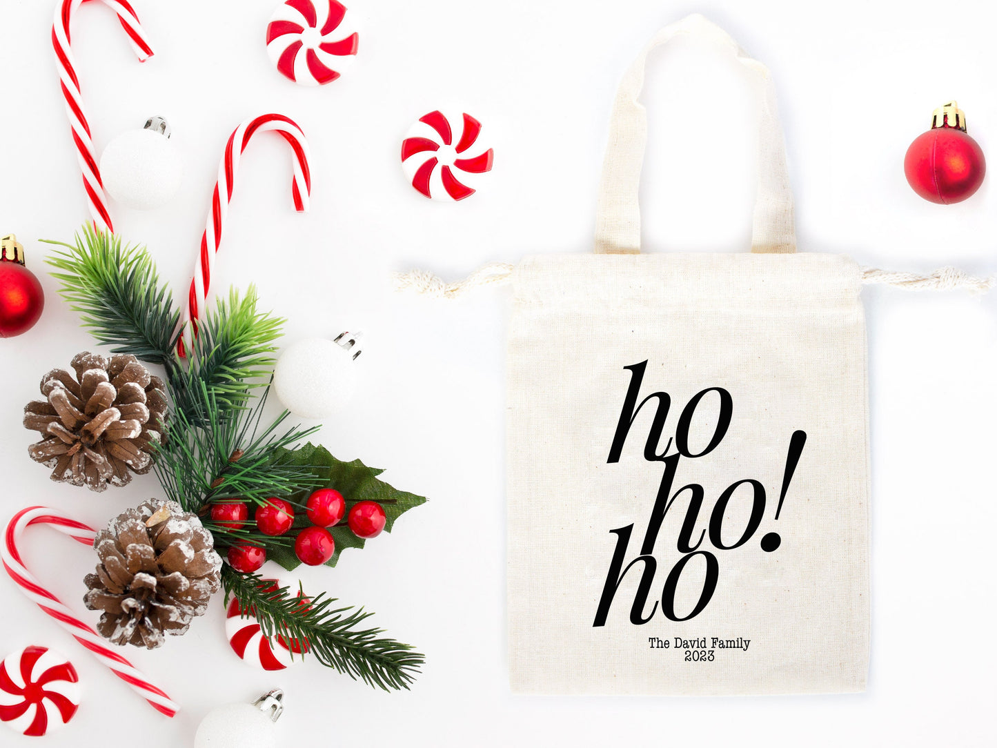 Ho Ho Ho! Christmas Tote Bags - 6"W x 8"H (15.5 cm x 20 cm) Custom Family or Company Bags - Add Your Logo & Text - Personalized Cotton Bags