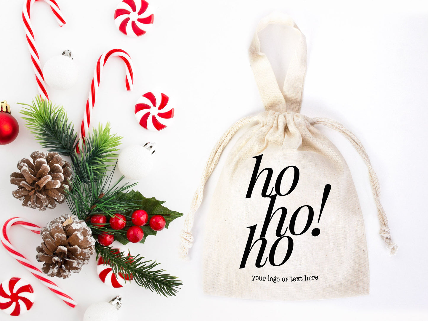 Ho Ho Ho! Christmas Tote Bags - 6"W x 8"H (15.5 cm x 20 cm) Custom Family or Company Bags - Add Your Logo & Text - Personalized Cotton Bags
