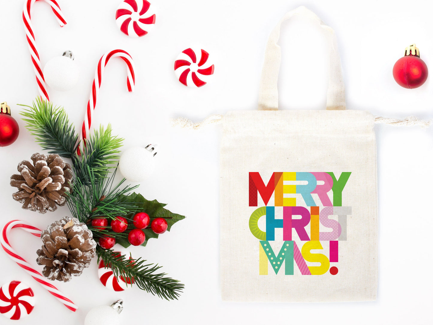 Merry Christmas Favor Bags, 6"W x 8"H (15 cm x 20 cm) Custom Family or Company Bags, Add Logo & Text, Personalized Cotton Bags For You, Promotional, Muslin Bags