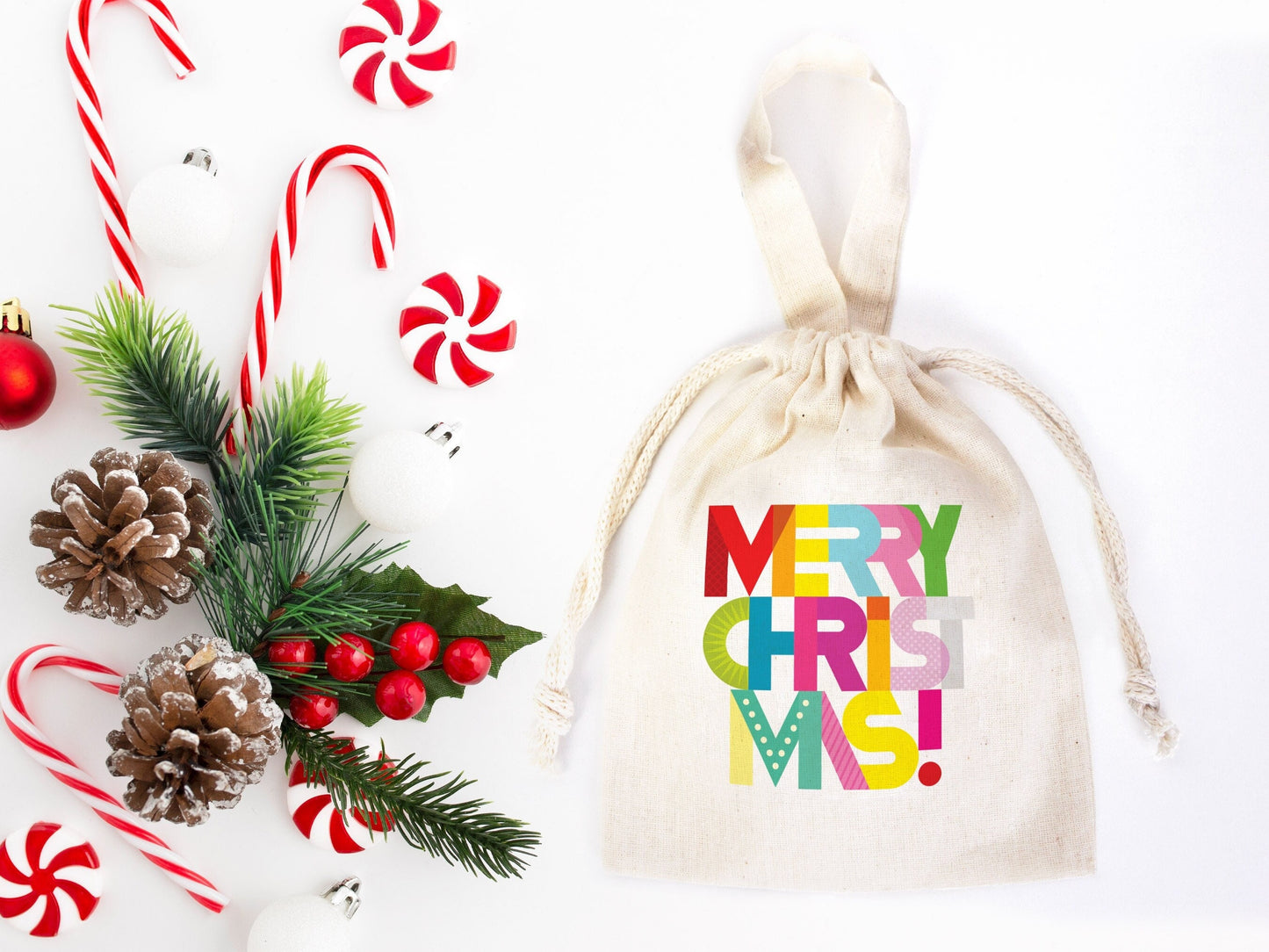 Merry Christmas Favor Bags, 6"W x 8"H (15 cm x 20 cm) Custom Family or Company Bags, Add Logo & Text, Personalized Cotton Bags For You, Promotional, Muslin Bags