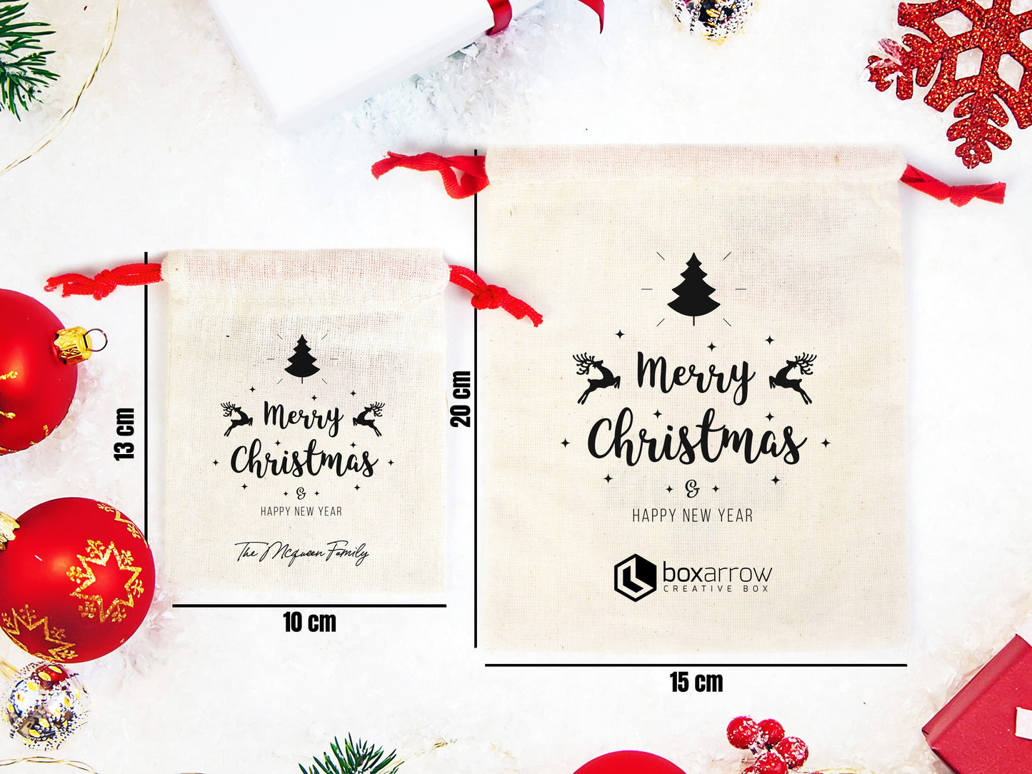 Merry Christmas And New Year Pouch Bags, Custom Family or Company Gift Bag, You Can Add Logo & Text, Cotton Bags, Personalized Muslin Bags
