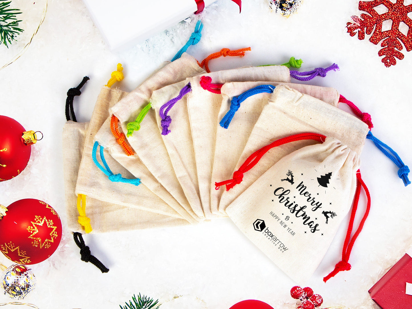 Merry Christmas And New Year Pouch Bags, Custom Family or Company Gift Bag, You Can Add Logo & Text, Cotton Bags, Personalized Muslin Bags