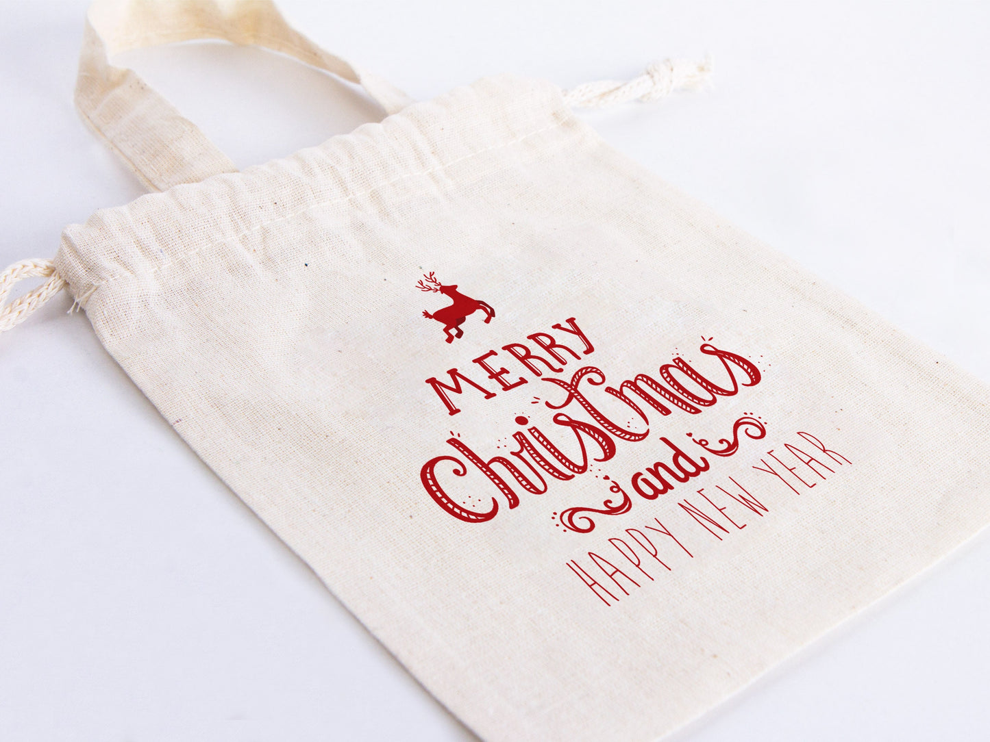 Merry Christmas And New Year Bags, 6"W x 8"H (15 cm x 20 cm) Custom Family or Company Bags, Add Logo & Text, Personalized Cotton Bags