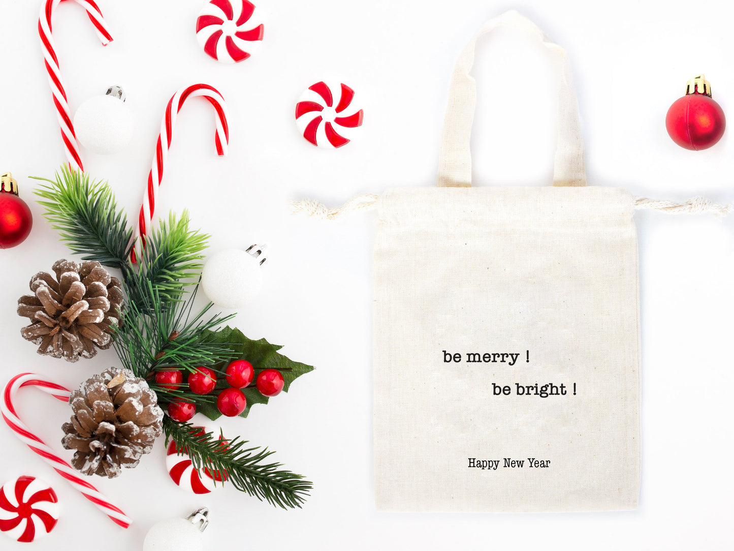 Be Merry, Be Bright Bags - 6"W x 8"H (15 cm x 20 cm) - Custom Family or Company Bags Add Logo & Text