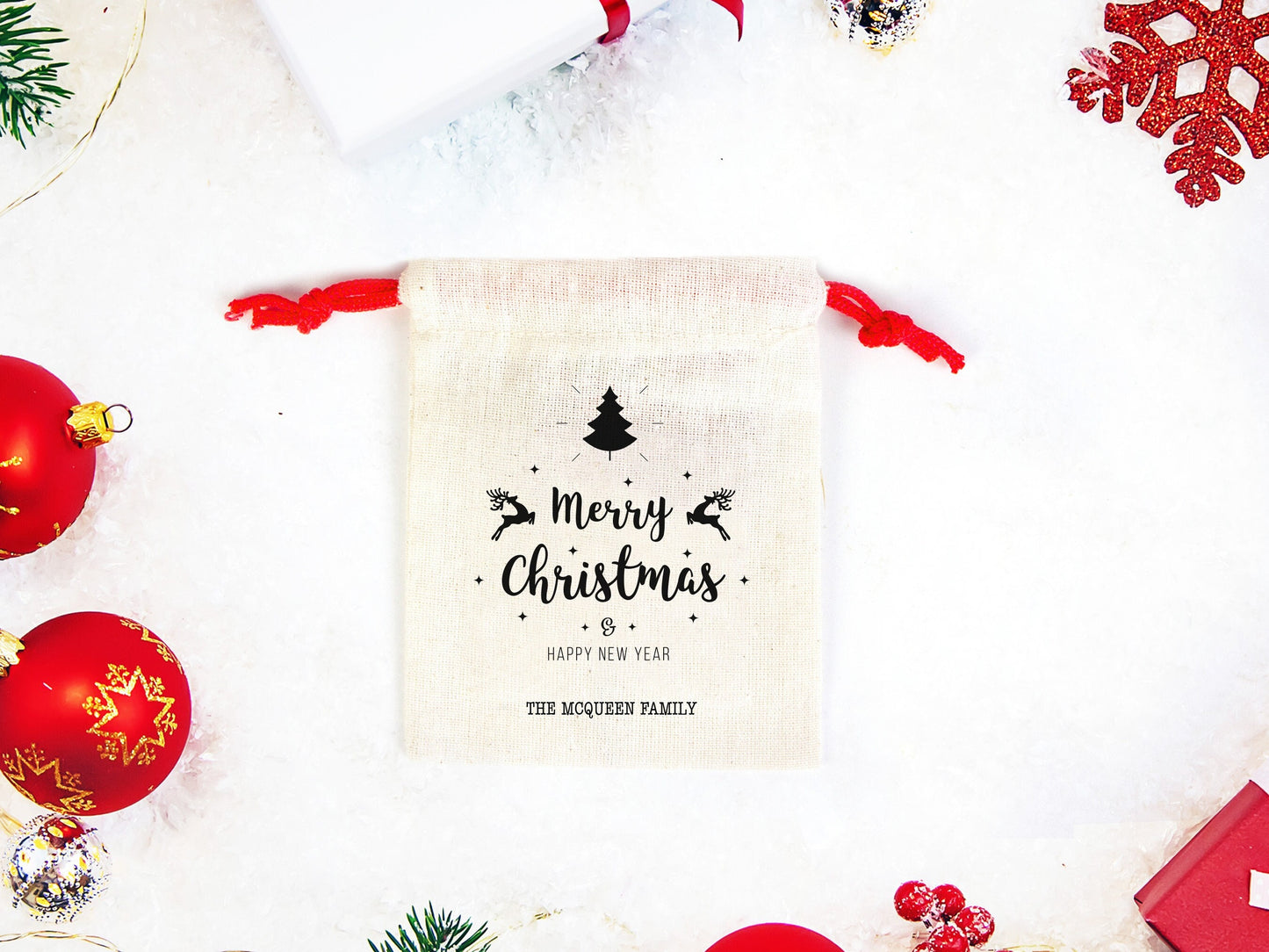 Merry Christmas And New Year Pouch Bags, Custom Family or Company Gift Bag, You Can Add Logo & Text, Cotton Bags, Personalized Muslin Bags