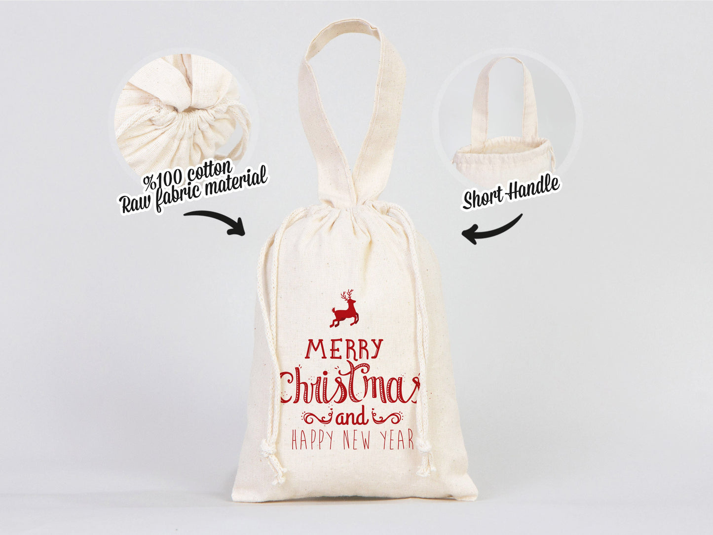 Merry Christmas And New Year Bags, 6"W x 8"H (15 cm x 20 cm) Custom Family or Company Bags, Add Logo & Text, Personalized Cotton Bags