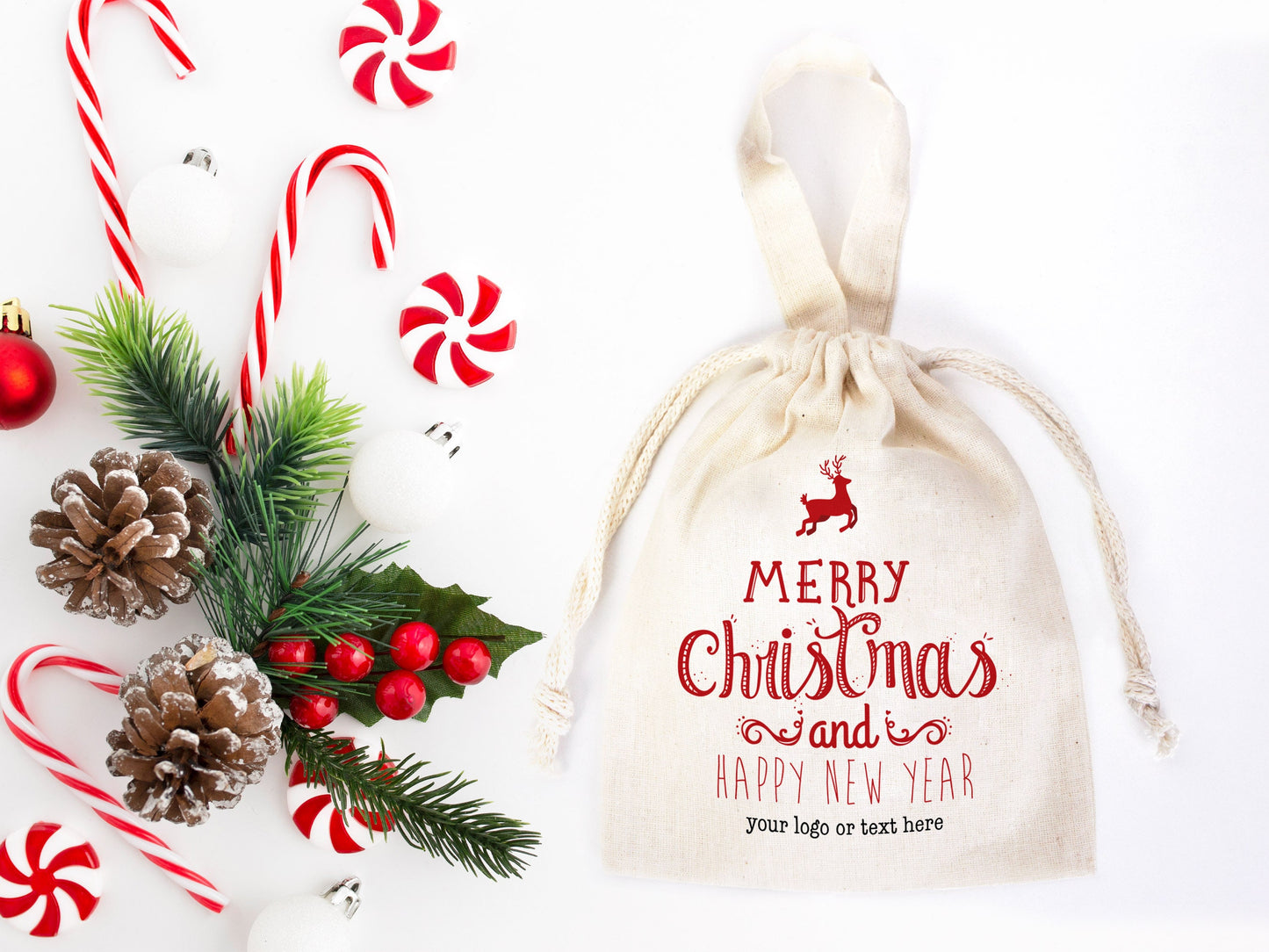 Merry Christmas And New Year Bags, 6"W x 8"H (15 cm x 20 cm) Custom Family or Company Bags, Add Logo & Text, Personalized Cotton Bags