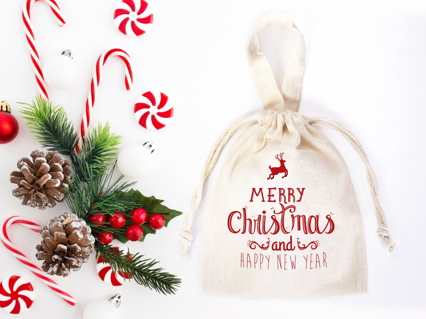 Merry Christmas And New Year Bags, 6"W x 8"H (15 cm x 20 cm) Custom Family or Company Bags, Add Logo & Text, Personalized Cotton Bags