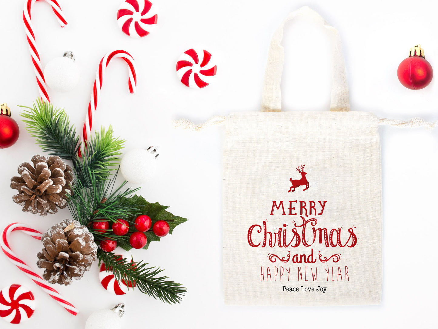 Merry Christmas And New Year Bags, 6"W x 8"H (15 cm x 20 cm) Custom Family or Company Bags, Add Logo & Text, Personalized Cotton Bags