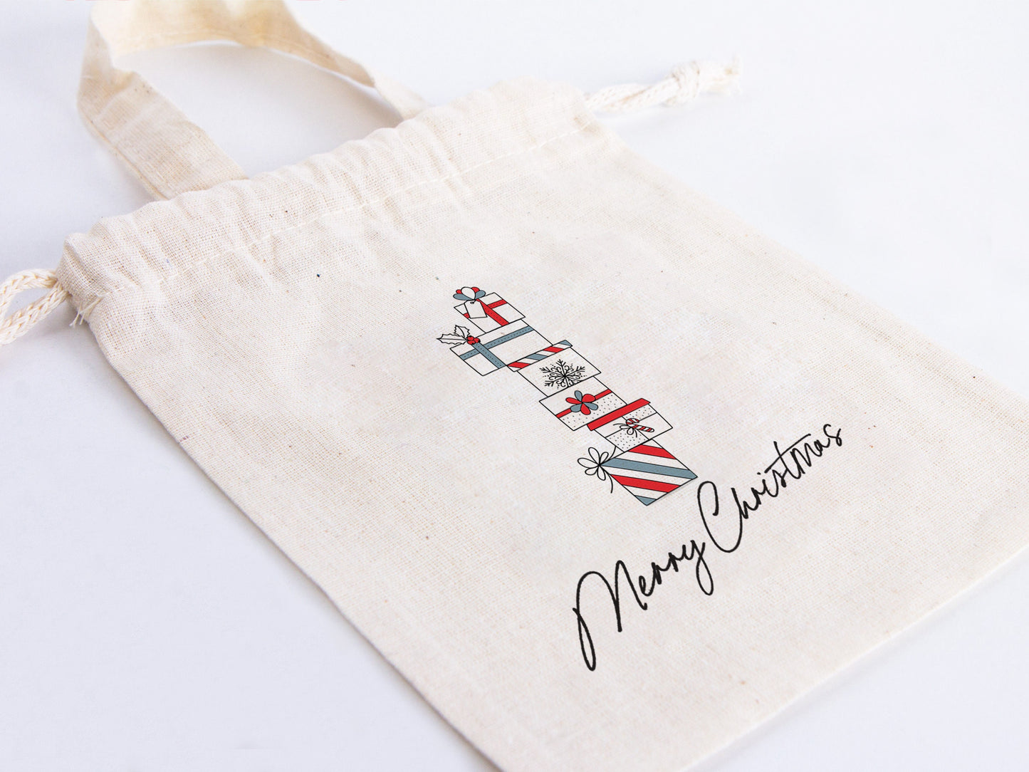 Wholesale Custom Logo Printed Christmas Gift Bags - 6"W x 8"H (15x20 cm) Personalized Cotton and Muslin Bags for Family & Company Gifts | Add Your Logo, Text