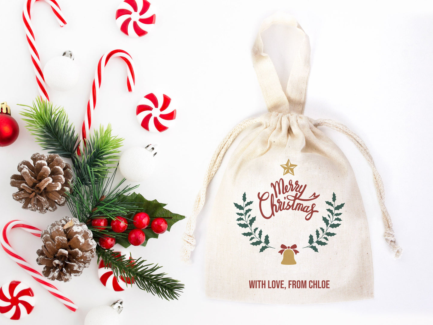 Merry Christmas Bags, 6"W x 8"H (15 cm x 20 cm) - Happy New Year Holiday Gift Bag, Custom Family or Company Bags, Add Logo & Text,Personalized Cotton Bags