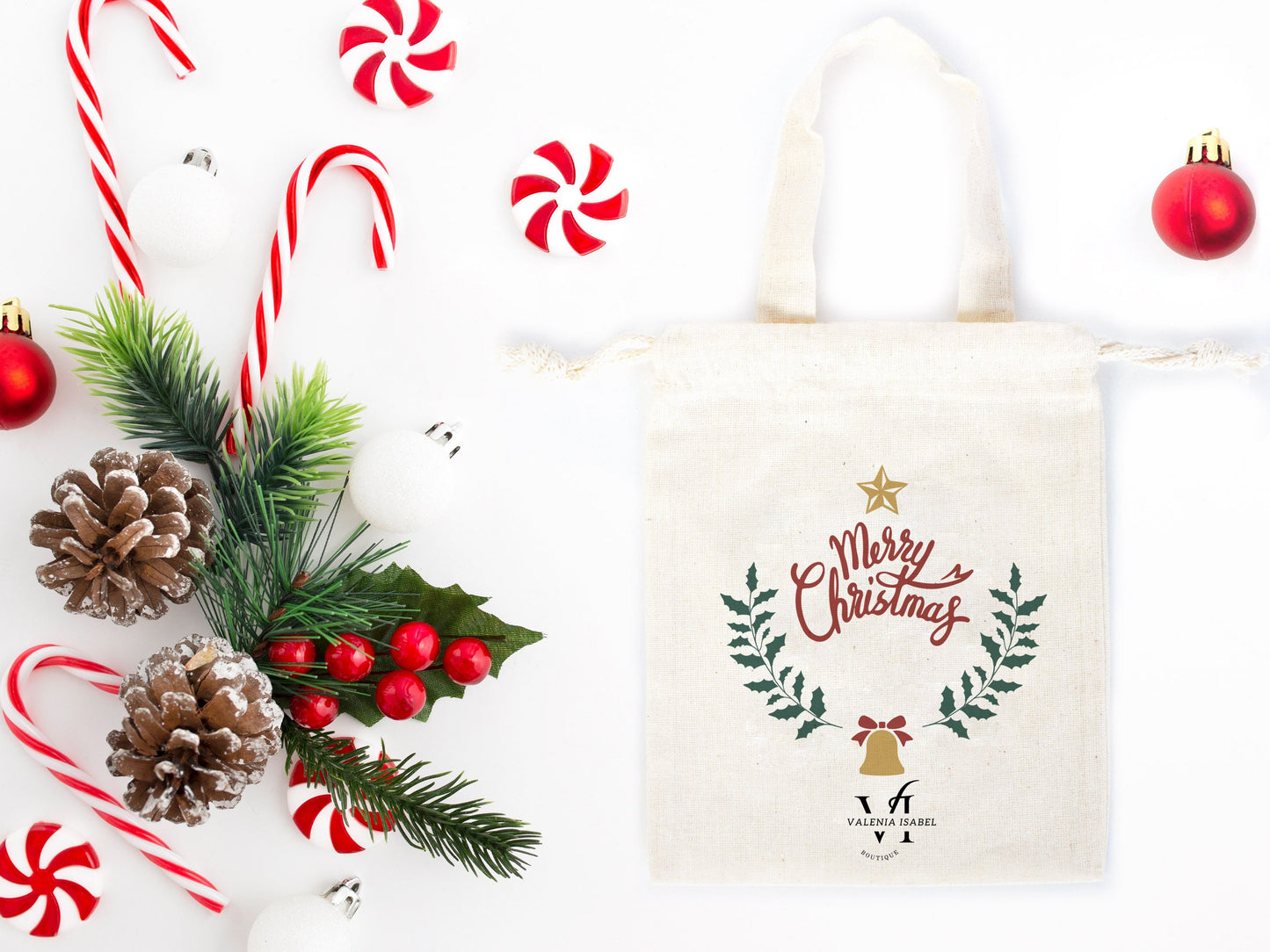 Merry Christmas Bags, 6"W x 8"H (15 cm x 20 cm) - Happy New Year Holiday Gift Bag, Custom Family or Company Bags, Add Logo & Text,Personalized Cotton Bags