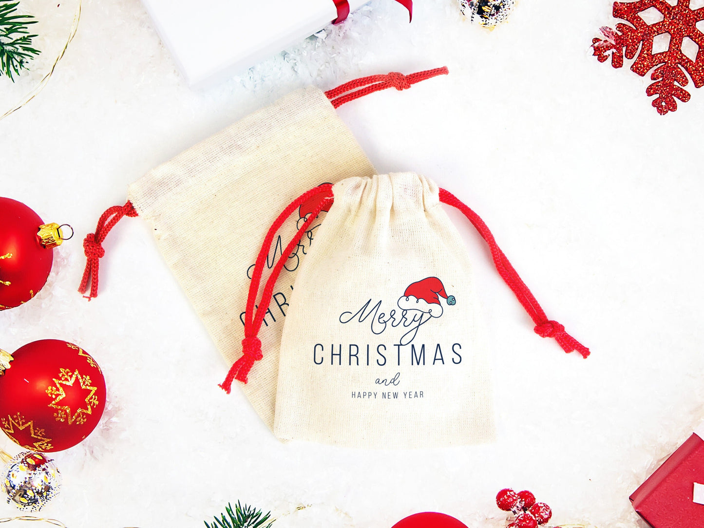 Merry Christmas And Happy New Year Bags, Colorful Drawstring Rope, Custom Print, Personalized Cotton Bags For You, Muslin Bag, Christmas Bag