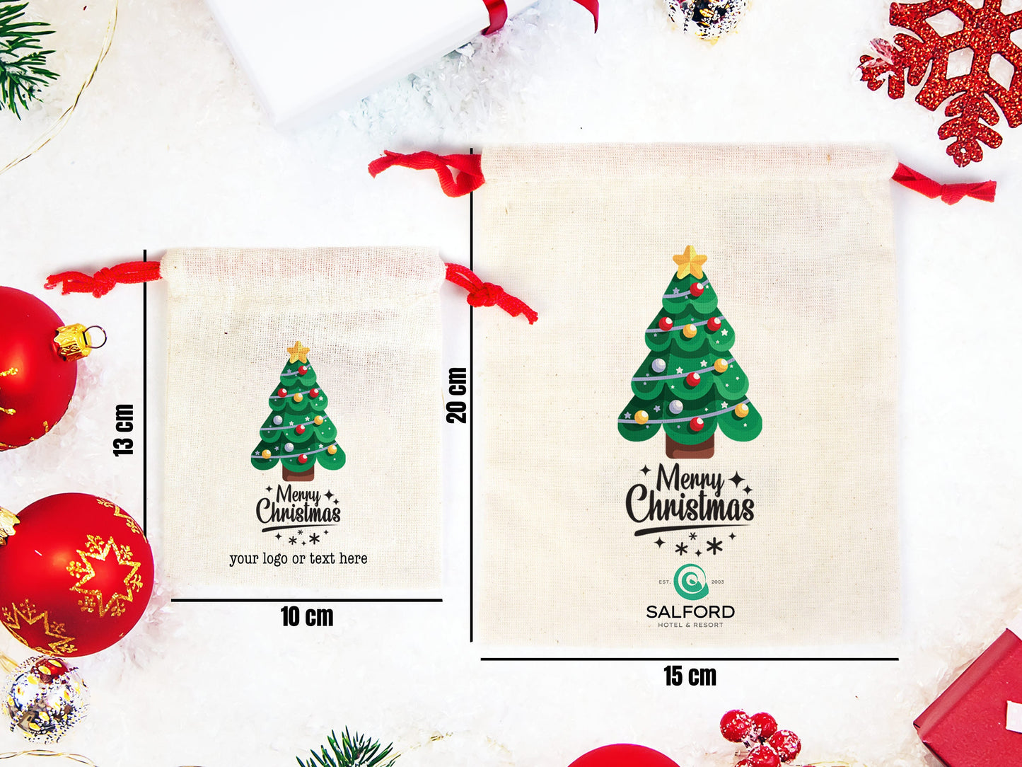 Customizable Christmas Treat Pouch Bags - Personalized Cotton Bags with Colorful Drawstring - Add Logo & Text