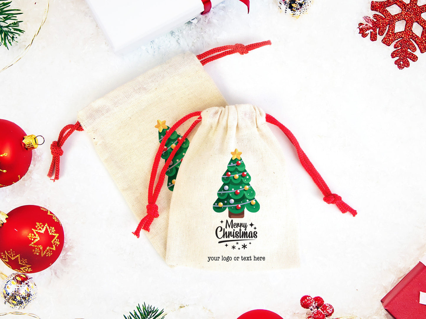 Customizable Christmas Treat Pouch Bags - Personalized Cotton Bags with Colorful Drawstring - Add Logo & Text