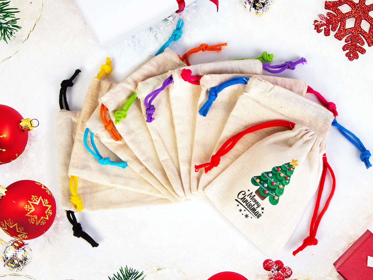 Customizable Christmas Treat Pouch Bags - Personalized Cotton Bags with Colorful Drawstring - Add Logo & Text