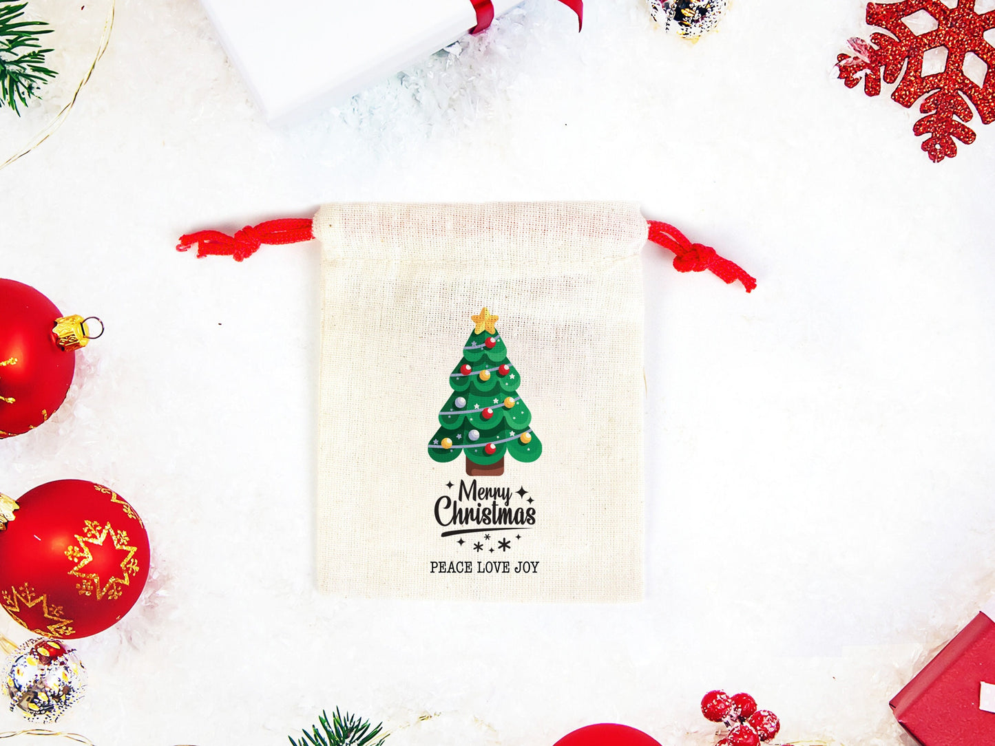 Customizable Christmas Treat Pouch Bags - Personalized Cotton Bags with Colorful Drawstring - Add Logo & Text