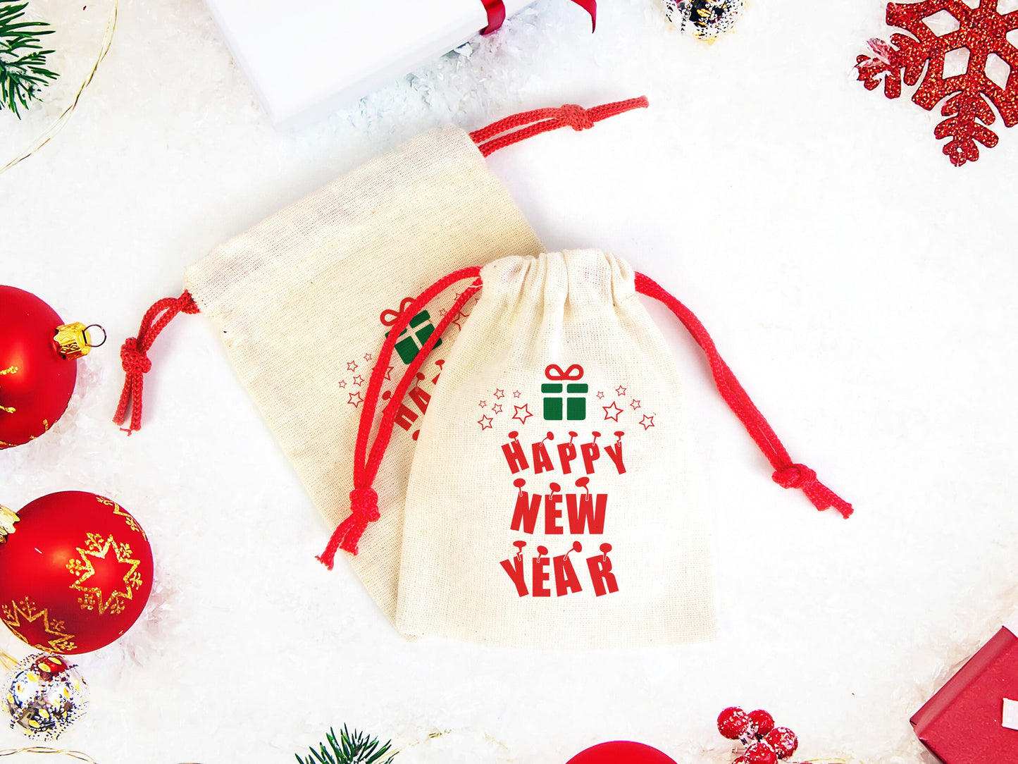 Colorful Happy New Year Bags - Personalized Cotton Pouch Gifts | Custom Drawstring Rope - Wholesale Bags