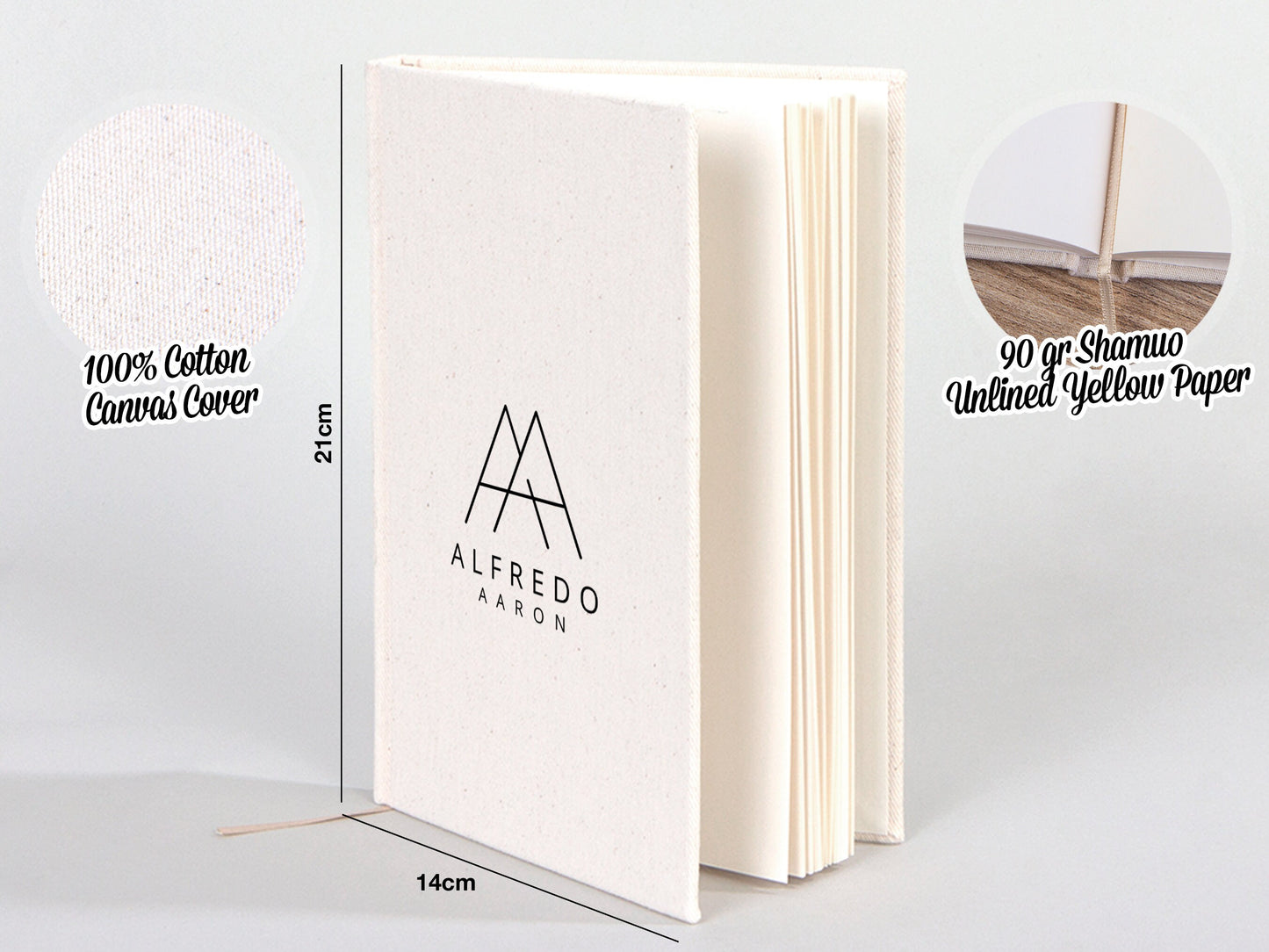 Custom Notebook Personalized A5, 6"W x 8"H (14 x 20 cm) Canvas Cover, Text Logo or Photo Print, Plain Notebook , Paintable Art Sketchbook