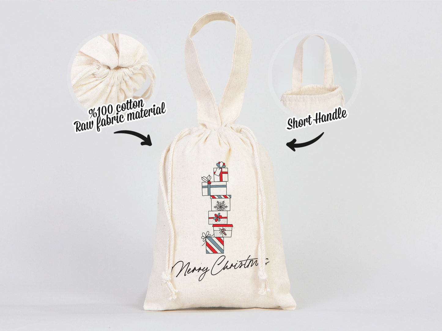 Wholesale Custom Logo Printed Christmas Gift Bags - 6"W x 8"H (15x20 cm) Personalized Cotton and Muslin Bags for Family & Company Gifts | Add Your Logo, Text