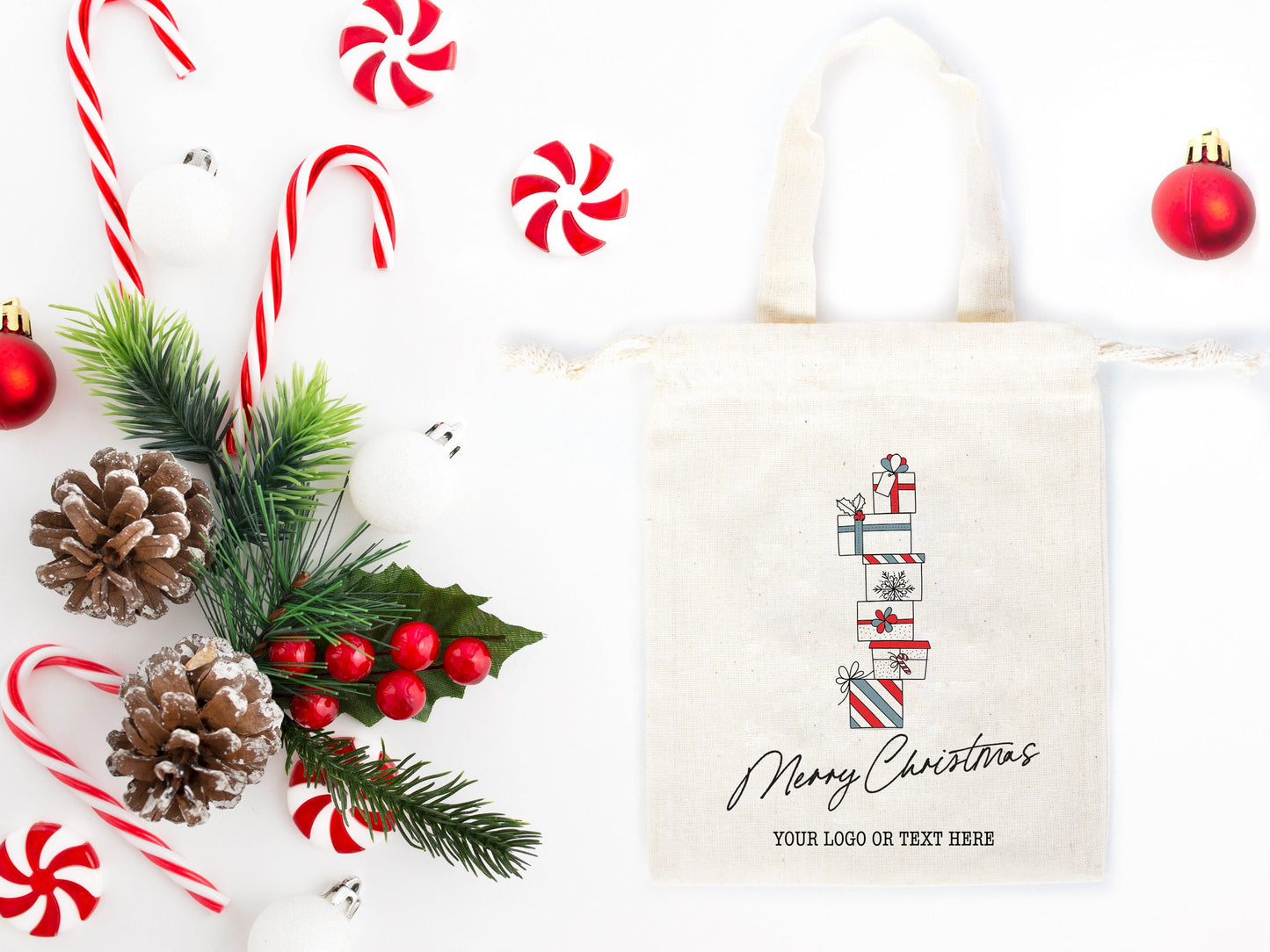 Wholesale Custom Logo Printed Christmas Gift Bags - 6"W x 8"H (15x20 cm) Personalized Cotton and Muslin Bags for Family & Company Gifts | Add Your Logo, Text