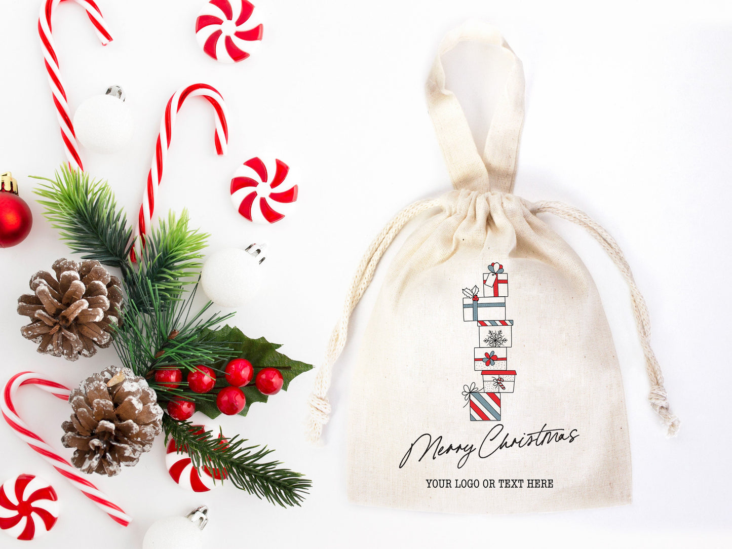 Wholesale Custom Logo Printed Christmas Gift Bags - 6"W x 8"H (15x20 cm) Personalized Cotton and Muslin Bags for Family & Company Gifts | Add Your Logo, Text