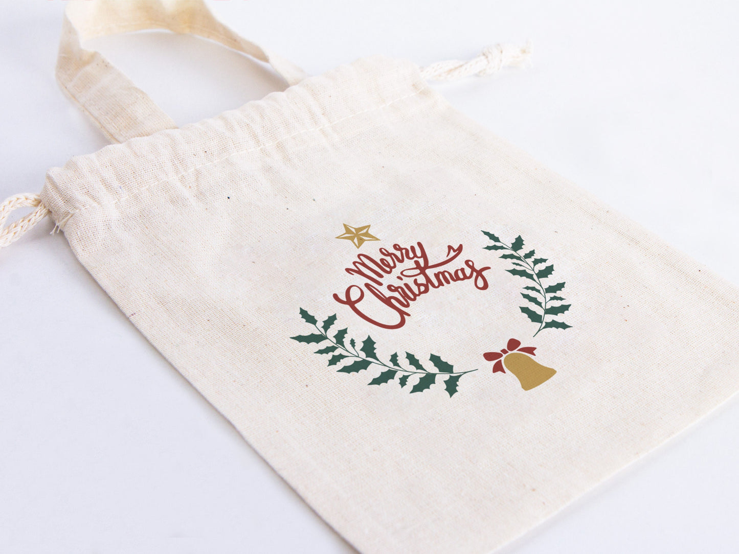 Merry Christmas Bags, 6"W x 8"H (15 cm x 20 cm) - Happy New Year Holiday Gift Bag, Custom Family or Company Bags, Add Logo & Text,Personalized Cotton Bags
